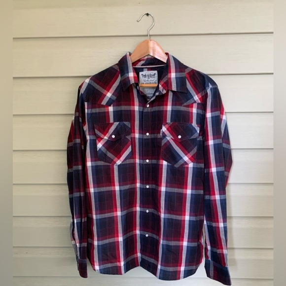 LEVI’S western plaid Pearl snap shirt blue Red White Plaid sz L button down EUC - Picture 3 of 11